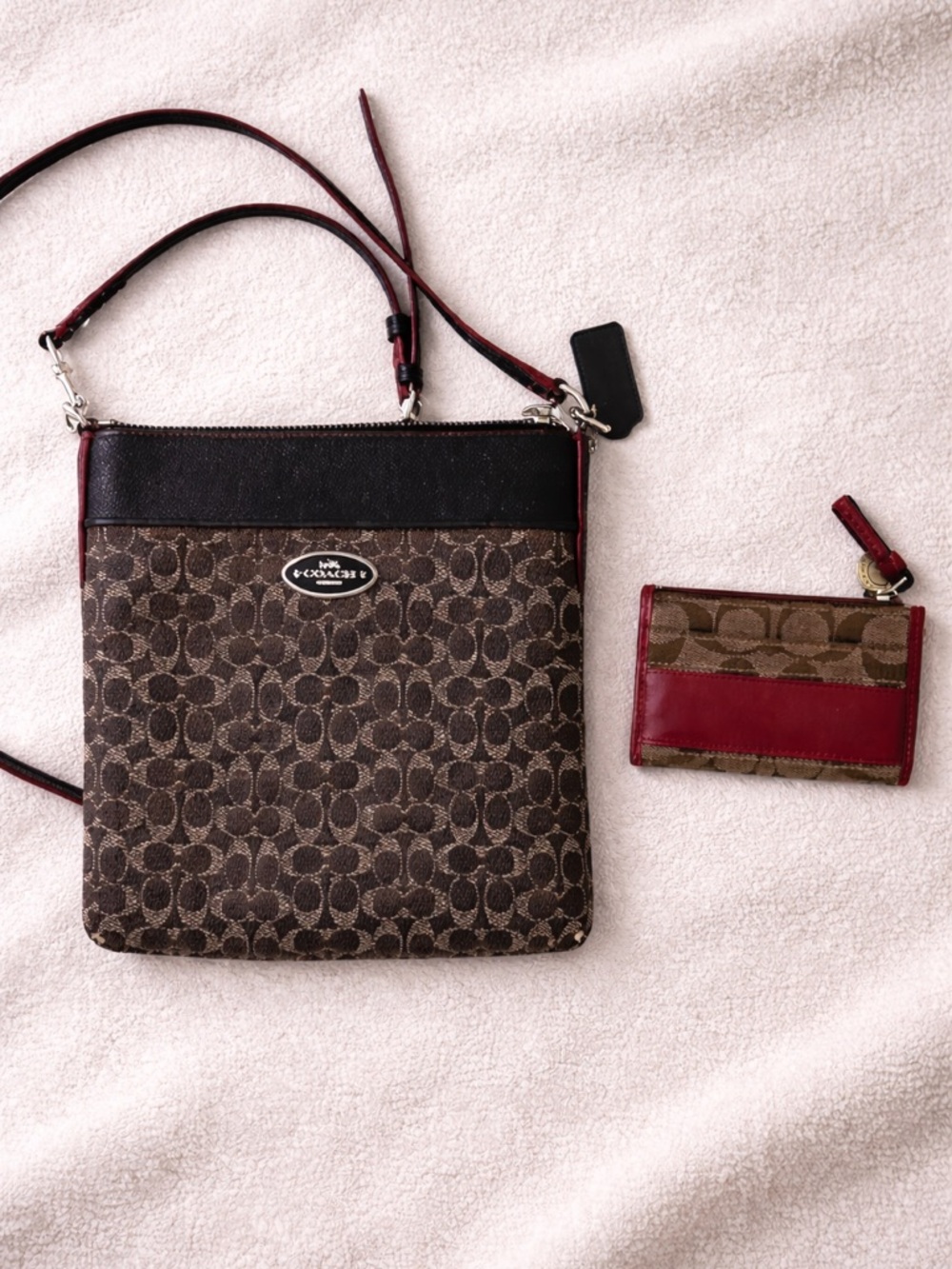 Coach Y2K Signature Canvas Crossbody Bag + Card Case Set Brown Red